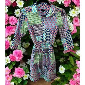 Talbots Floral tulips Print Belted Collared 3/4 Sleeve Shirt Dress size 2P EUC